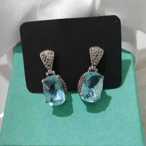 Sterling Silver with Blue Topaz and Marcasite Gemstone Dangle Earrings